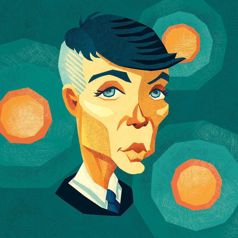 Portrait of actor Cillian Murphy in Peaky Blinders, illustrated in a retro paper-cut vector style in bold colors
