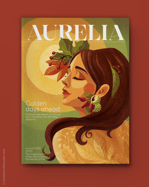 Magazine Cover with an illustration of a woman who embraces the golden autumn sun, with autumn leaves in her hair, rose hips and chestnuts as earrings and golden autumn leaves and twigs as tattoos on her back, in golden, red and green fall colors
