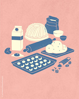 Arrangement of a baking scene in a paper cut silhouette vector style, with a rolling pin and a cake pan, and ingredients such as eggs, flour, sugar, milk, and spices, as well as a baking sheet with cookies and a board with dough, in blue, pink an white tones