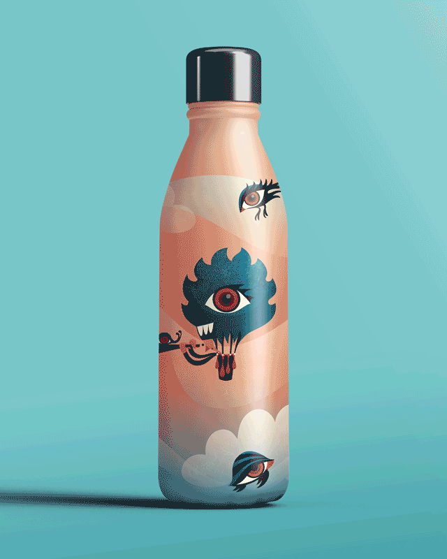Illustration with weird and funny creatures in a pink and blue cloudy sky wearing big red eyes, in the middle is a hairy, red-eyed balloon with an explorer in its basket, who’s hat looks like the mouth of the hairy balloon which makes it look like a funny monster.