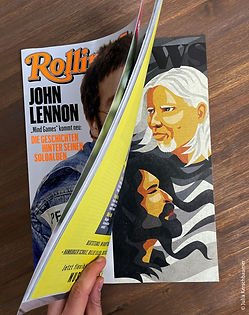 Rolling Stone Magazine photo opening on the page with a review of indie rock band The Folk Implosion’s new album, depicting the two band members Lou Barlow and John Davis on a black and white wavy background, illustrated by Julia Kerschbaumer
