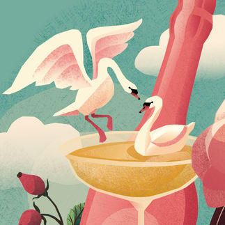 A pair of swans swimming in a champagne glass, one is flying and about to land