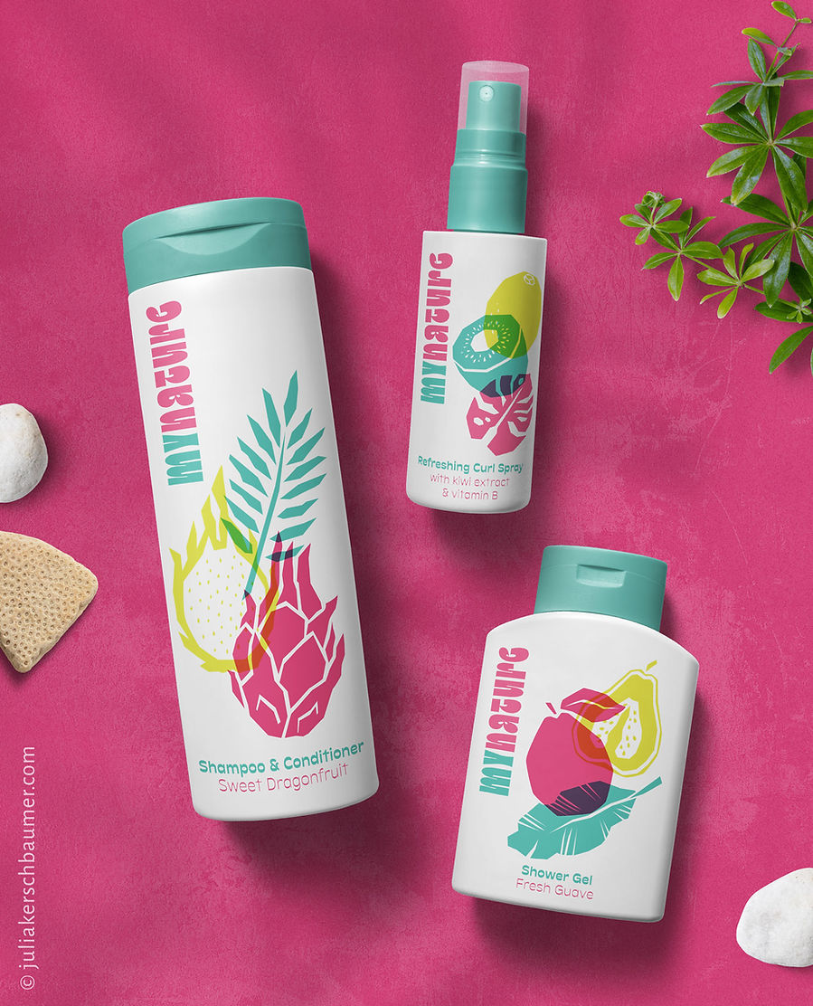 cosmetic packaging for shampoo, curl spray and shower gel with tropical fruit design in white, blue, pink and yellow on a pink background
