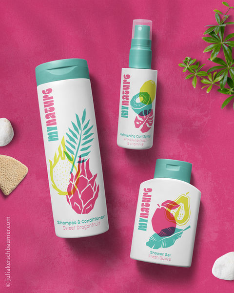 cosmetic packaging for shampoo, curly spray and shower gel with tropical fruit design in white, blue, pink and yellow on a pink background
