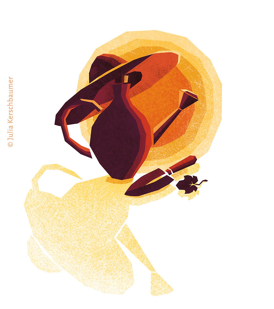 A mix of a wine mug and a watering can with a gardening hat and shovel in front of the sunset