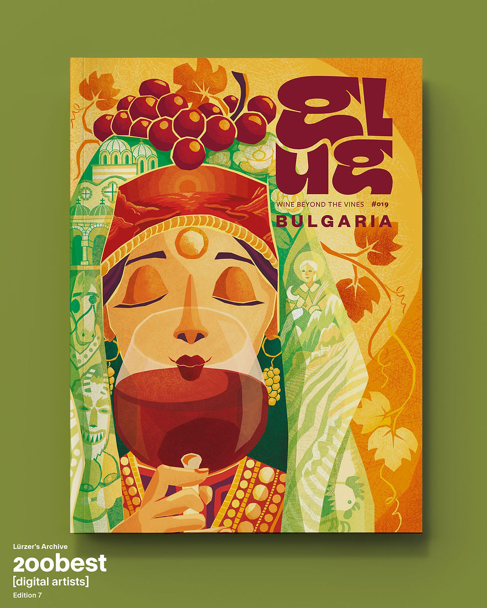 Cover for Glug wine magazine with an illustration of a woman in traditional Bulgarian clothing enjoys a glass of red wine