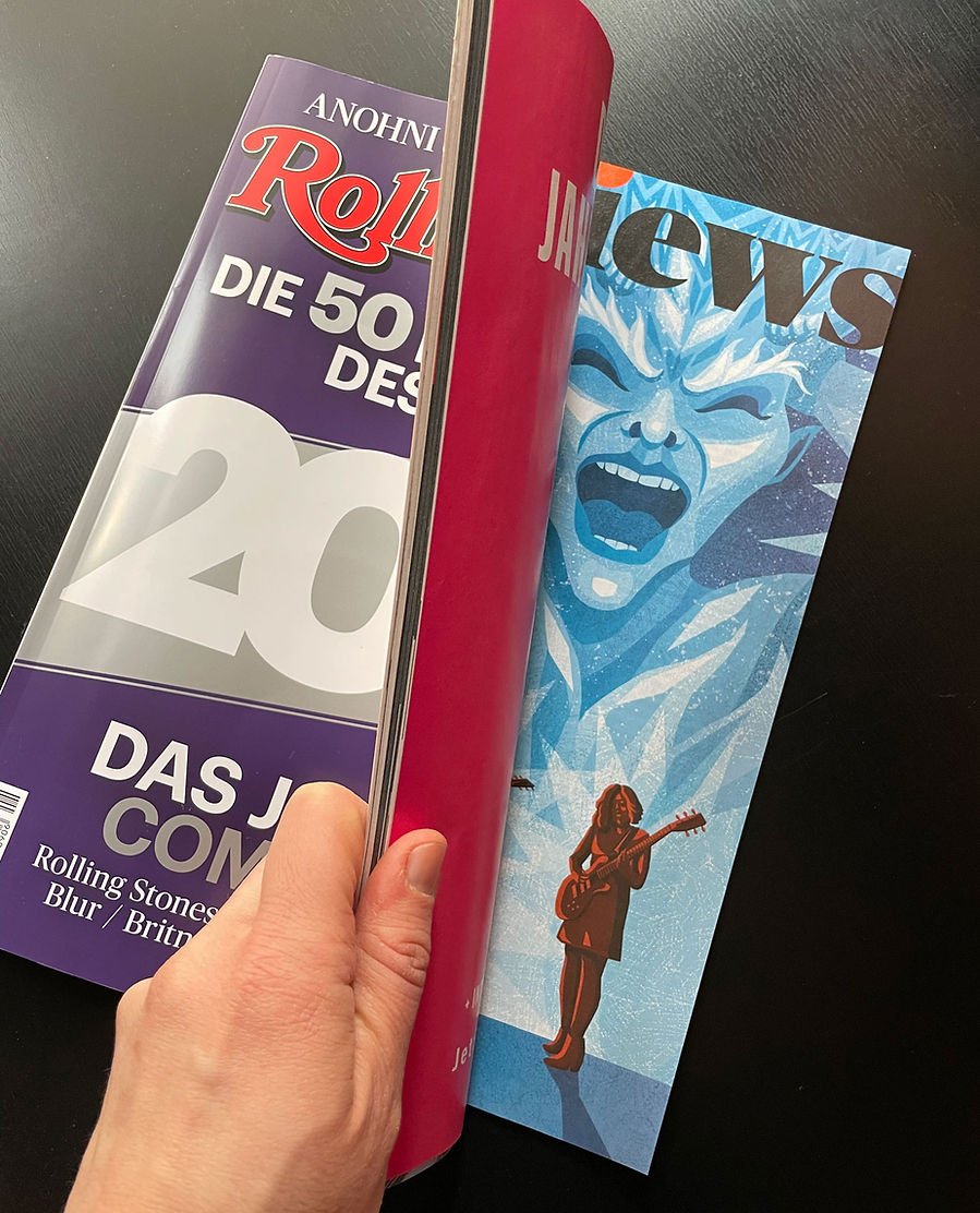 Rolling Stone Magazine photo opening on the page with a review of indie rock band Sleater-Kinney's new album, depicting the band and a screaming ice devil, illustrated by Julia Kerschbaumer