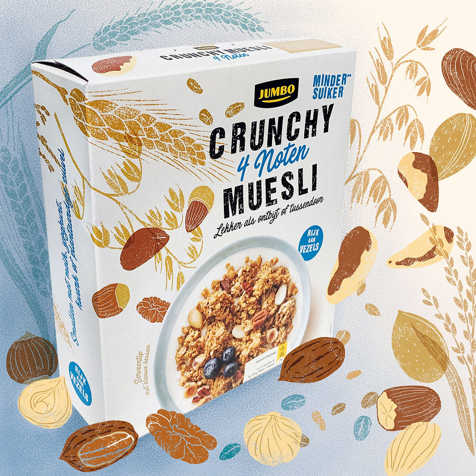 Packaging of Jumbo Crunchy Muesli with nuts in a swirl of illustrated ingredients like different kinds of nuts and grains