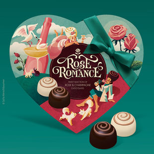 Box of Chocolates with an illustration in bold retro colors with the hand lettered logo Rose Romance and a romantic scene with two lovers, roses, dogs, champagne, swans and cats