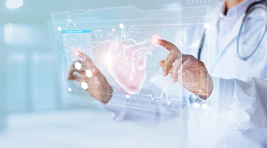 Medicine doctor and stethoscope touching icon heart and diagnostics analysis medical on mo