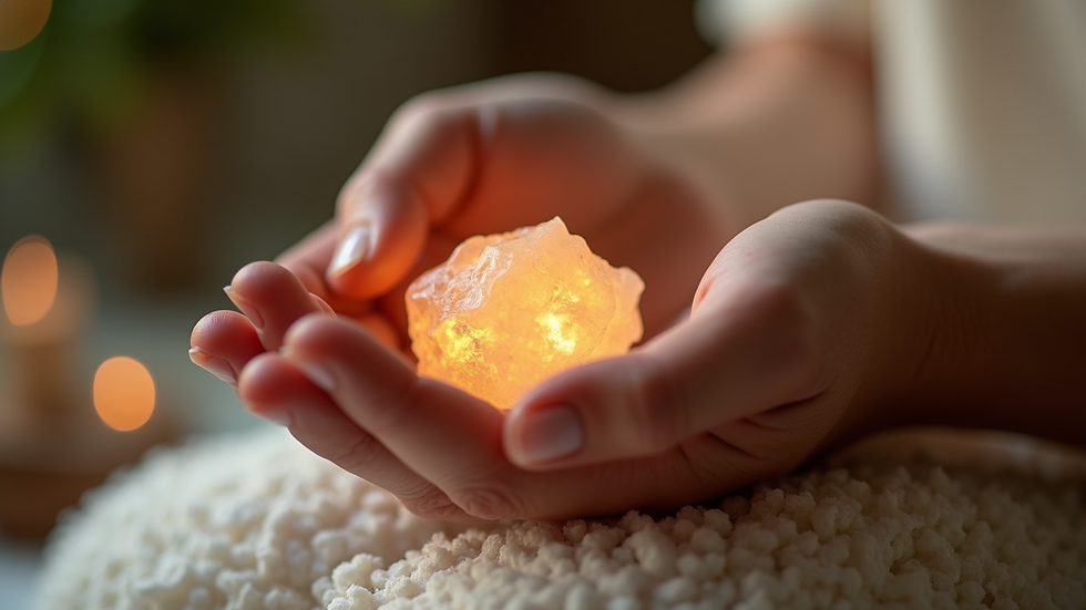 Close-up view of a hand holding a crystal during an energy healing session