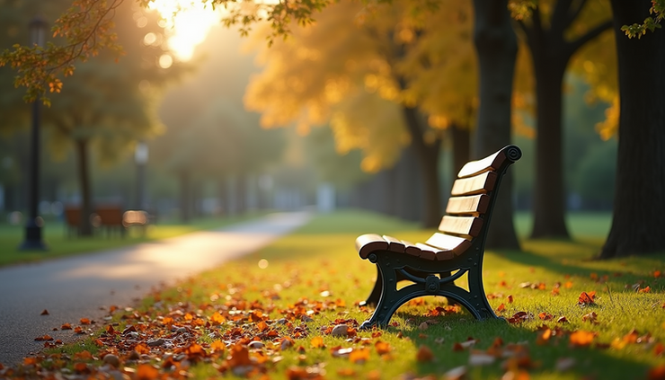 Eye-level view of a quiet park bench under soft sunlight