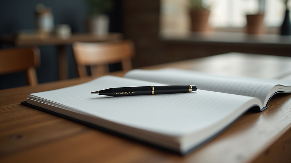 Close-up view of a journal and pen on a wooden table, ready for emotional writing