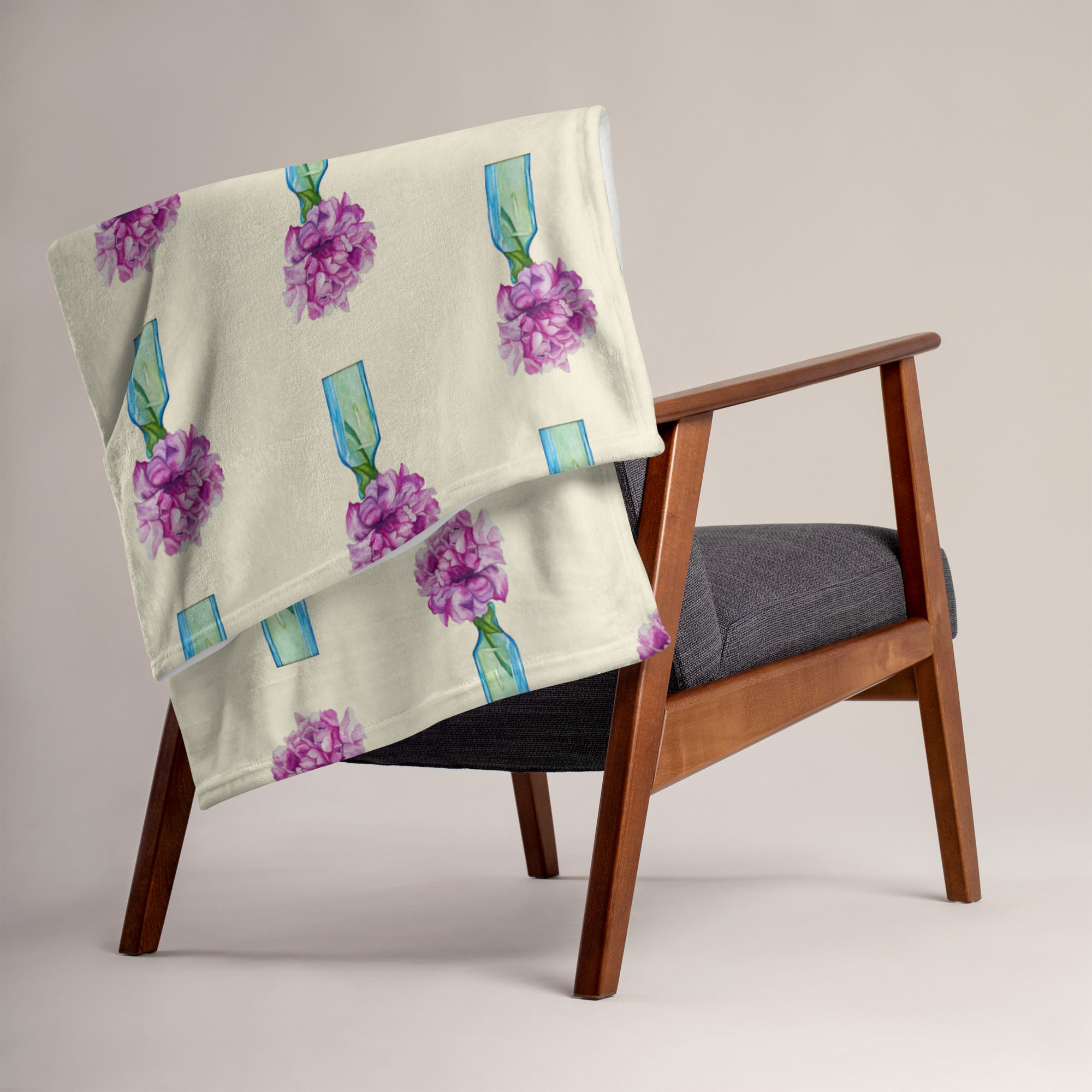 Peony - Pink and Turquoise Watercolor Plush Throw Blanket