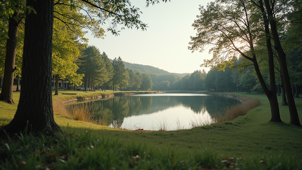 Eye-level view of a peaceful lakeside retreat center surrounded by trees