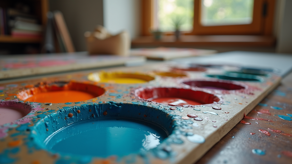 Eye-level view of a colorful palette with mixed paints