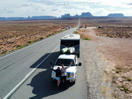 Gracen, Austin, and their RV at Forrest Gump Point