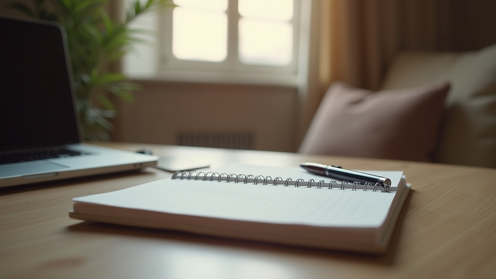 Eye-level view of a cozy workspace with a notebook and pen ready for journaling