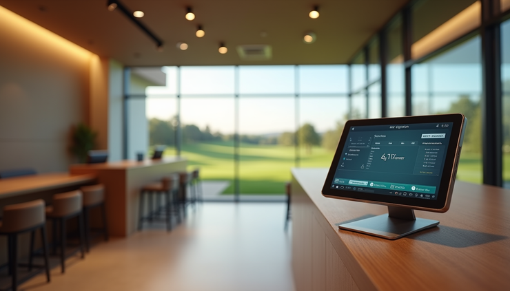 Eye-level view of a golf course reception desk with a digital assistant screen