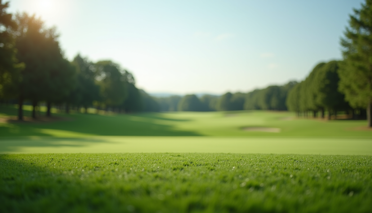 Eye-level view of a golf course tee box with lush green fairway stretching ahead