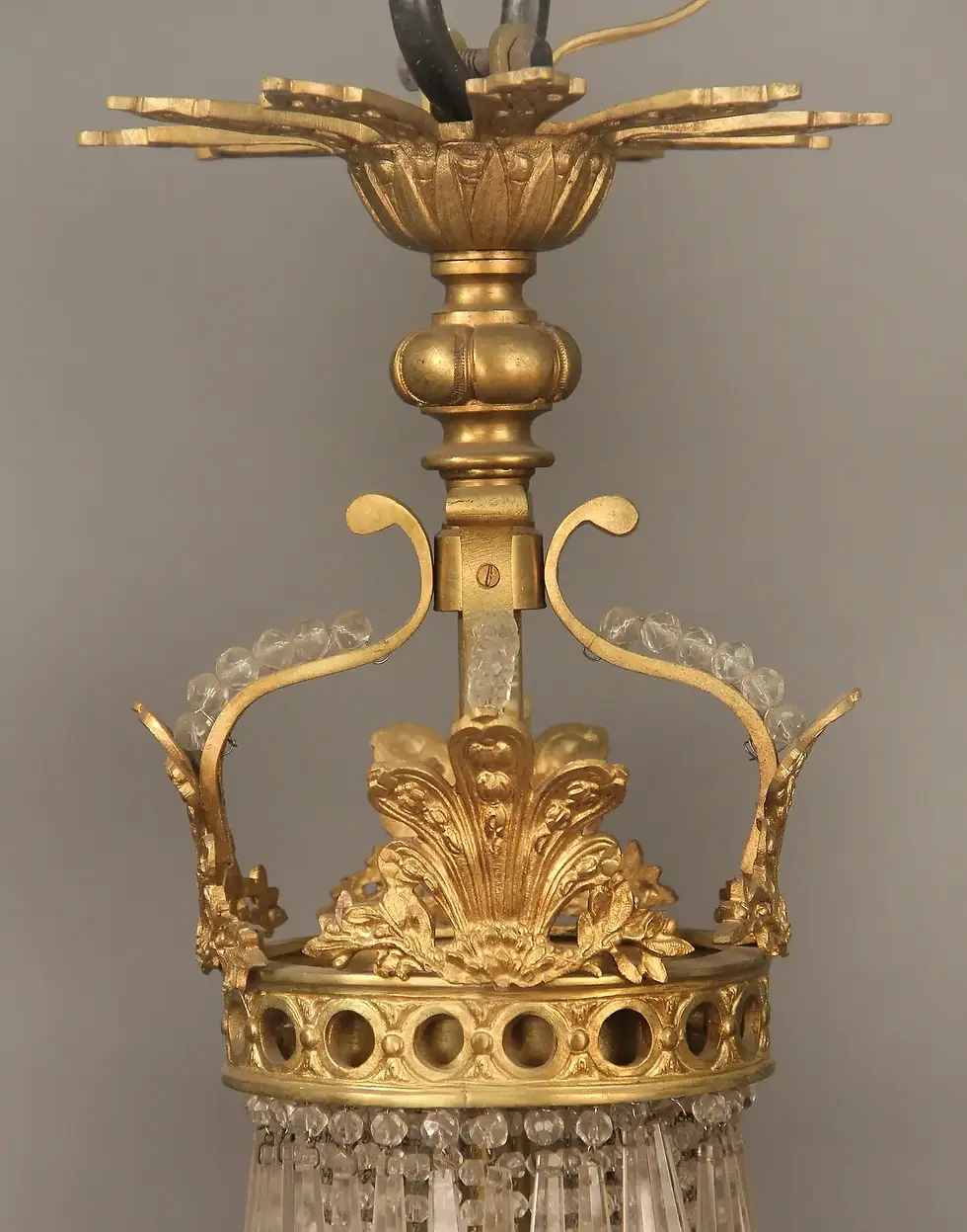 Thumbnail: Pair of 19th Century Gilt Bronze and Beaded Six Light “Apollo” Chandeliers