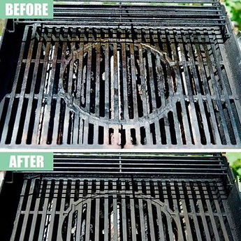 a before and after of barbecue grill cleaned