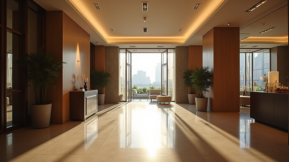 Eye-level view of a modern hotel lobby with stylish decor