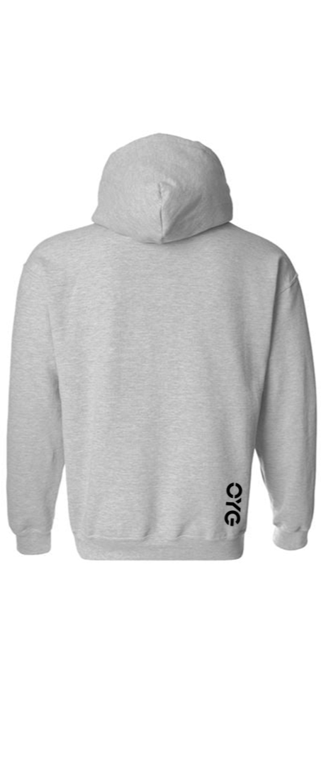 Thumbnail: small black 'OYG' logo on back of grey hoodie