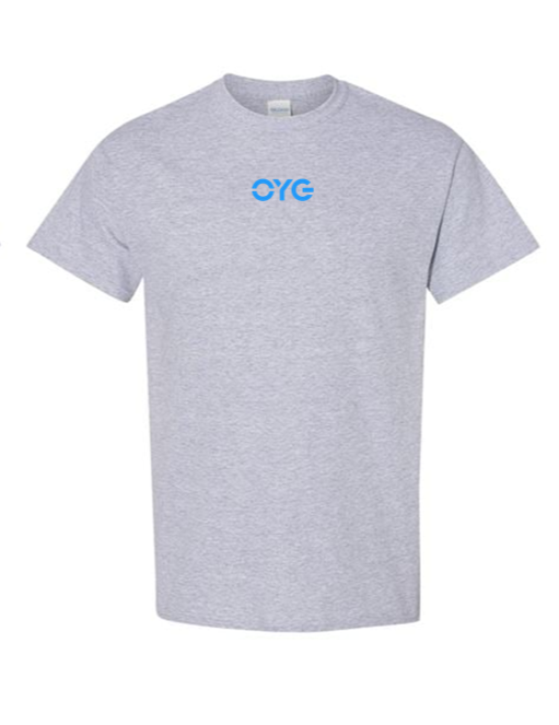 Thumbnail: blue OYG logo on front center of grey T-shirt