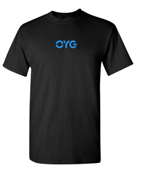 Thumbnail: blue OYG logo on front center of black T-shirt