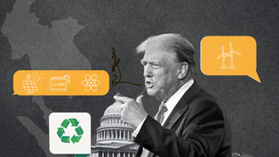 Trump portrait with climate technology icons - Earth VC analysis of policy impact on SEA climate scene