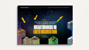 Illustration of Earth Observation satellites orbiting Earth, showing layered satellite data used to monitor climate and environmental change.