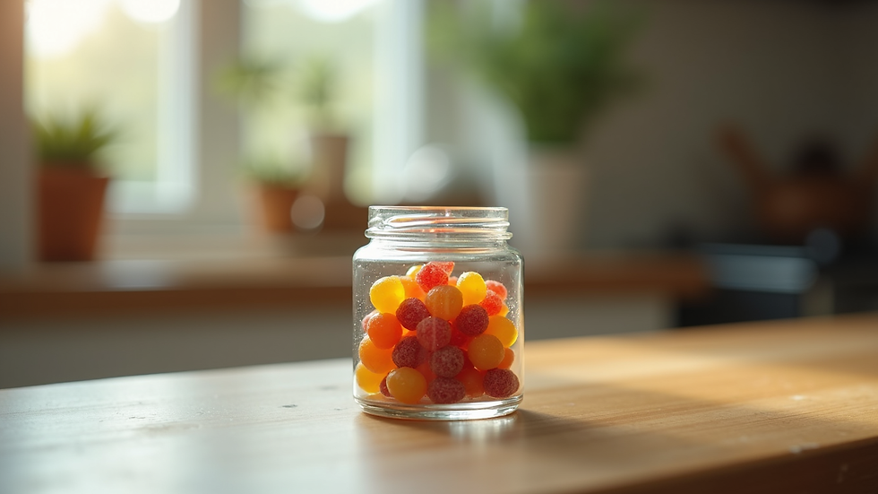 Eye-level view of a small jar filled with cannabis gummies on a kitchen counter