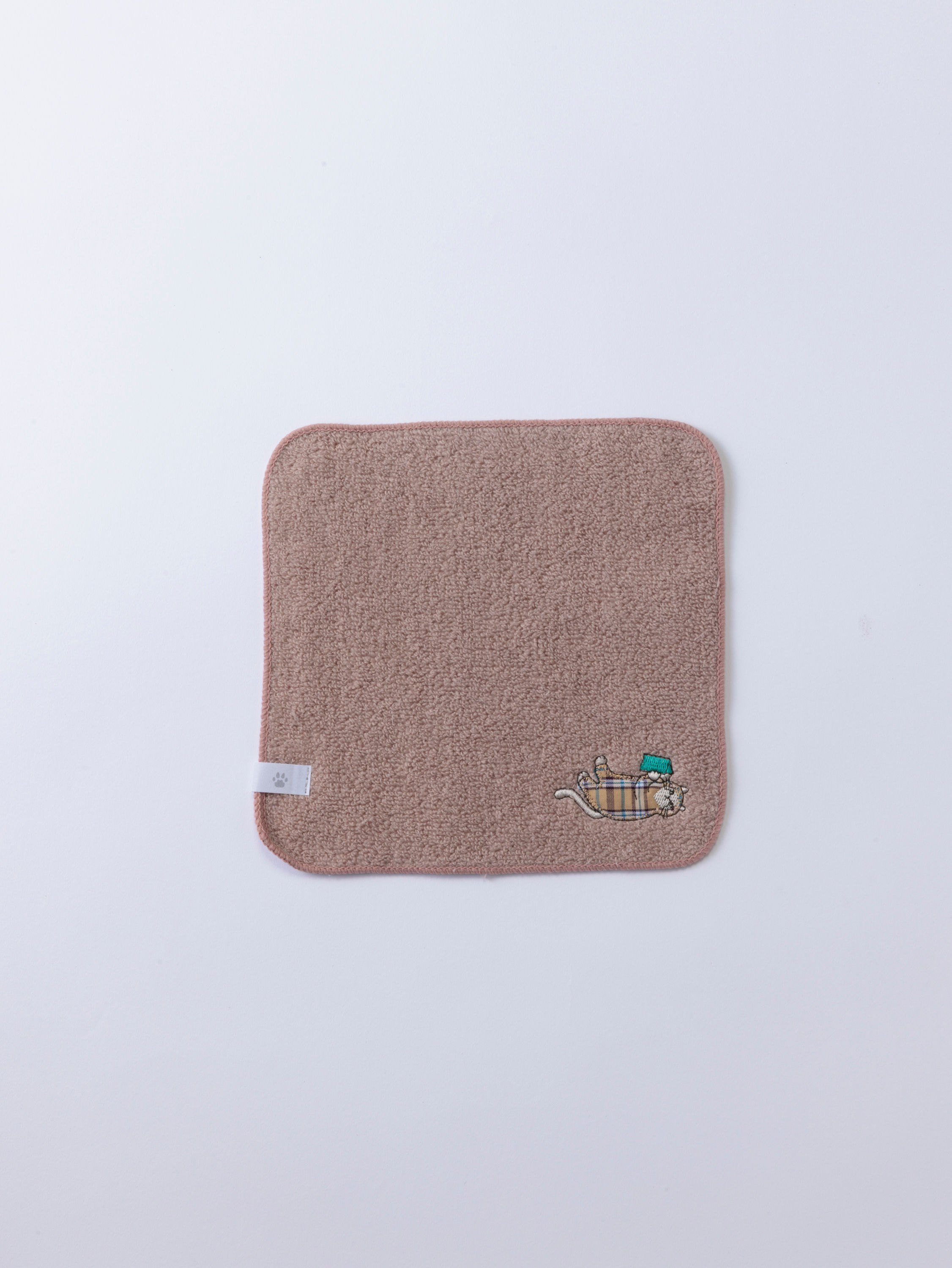無撚糸パイルアップリケ刺繍ハンカチ（日曜日のネコ）＿スモークピンク（Ｌ－２５１００１ＳＳＫ）