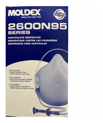 Caja de respirador MOIDEX 2600N95 Series con protección de partículas y texto.