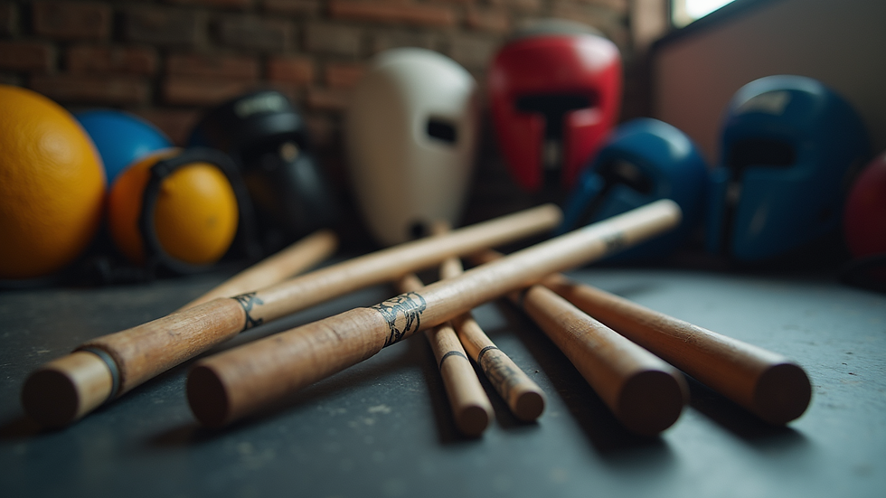 Close-up view of martial arts training equipment including sticks and protective gear