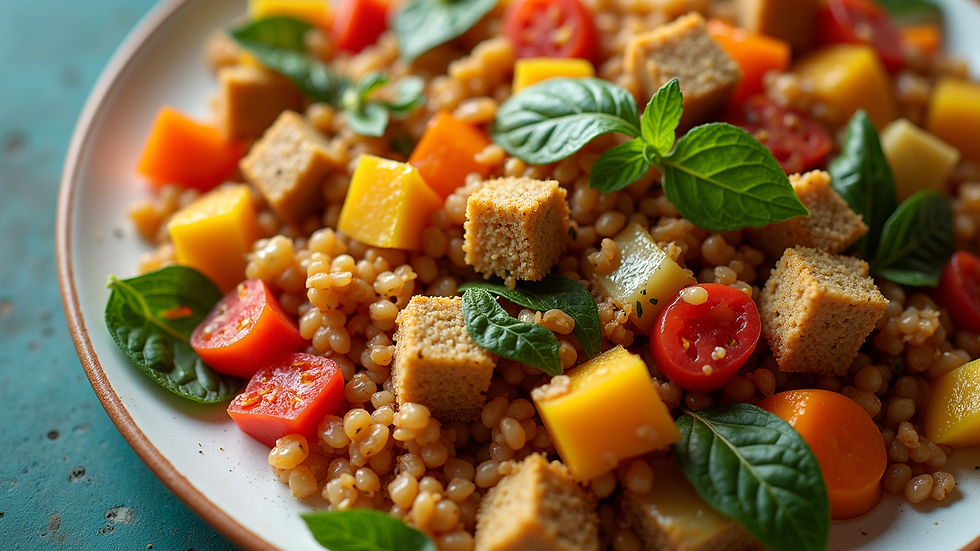 Eye-level view of a colorful plate with vegetables and grains