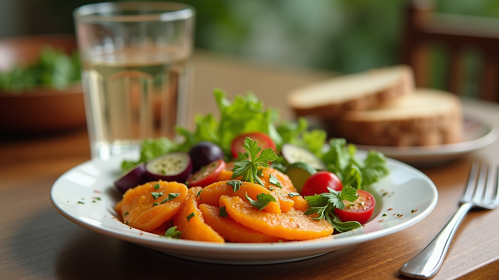 Close-up of a glass of water and a healthy snack plate on a wooden table
