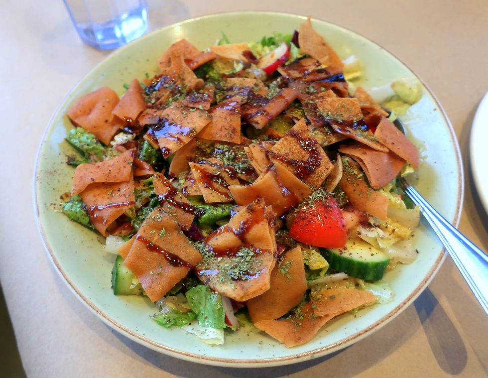 Crispy romaine lettuce, sliced crunchy radish, diced tomato, cool cucumber; dressed in extra virgin olive oil, fresh mint, and herbs, pomegranate molasses, and topped off with pita chips for an extra crunch.