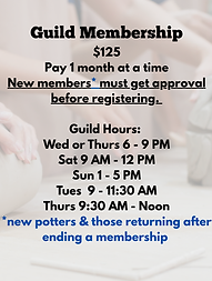 December Pottery Guild $125 Membership for potters can work independantly in the studio. S