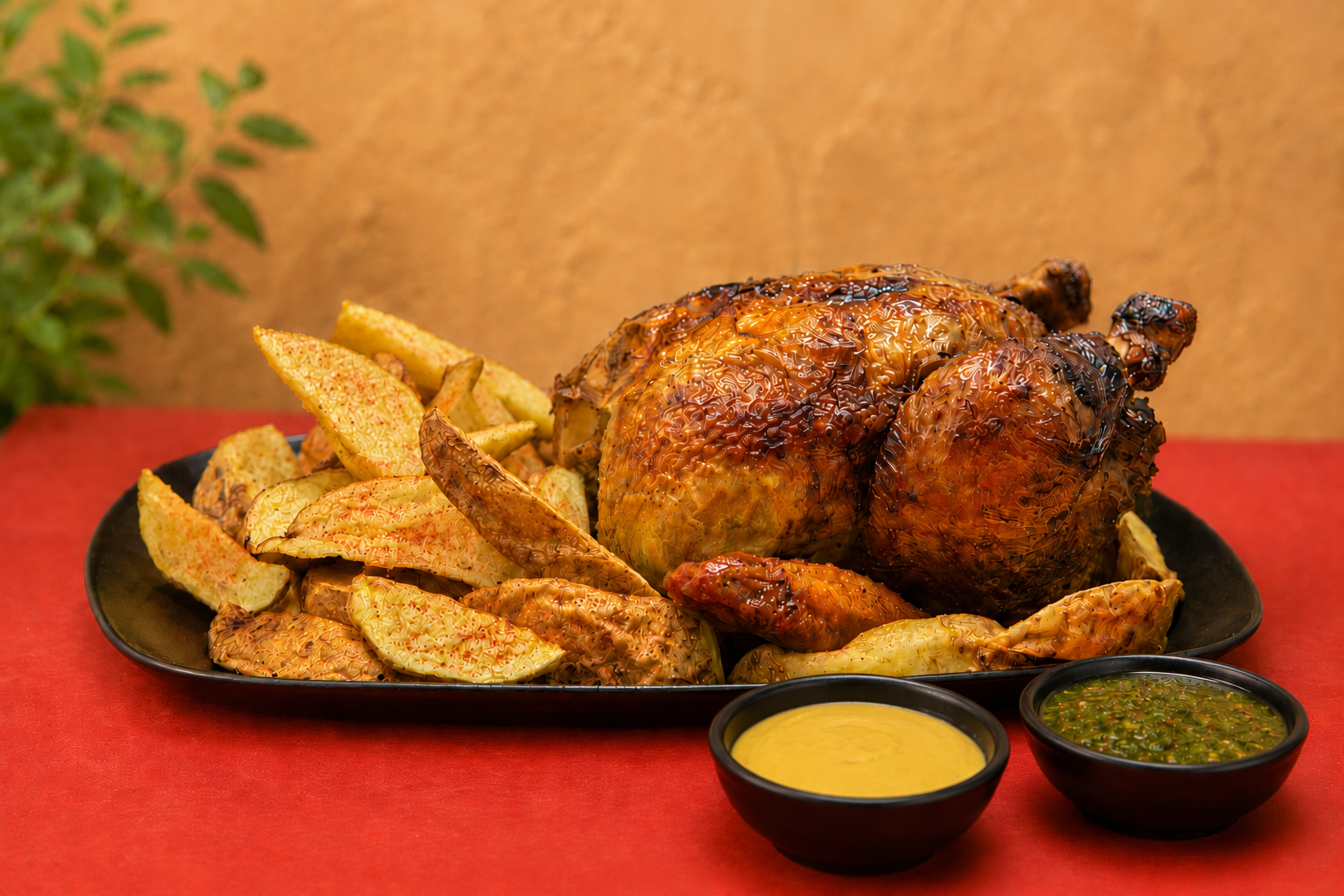 Pollo a la brasa Almyr con rusticas y Salsas