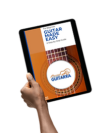 Guitar Made Easy ebook cover shown on a tablet.