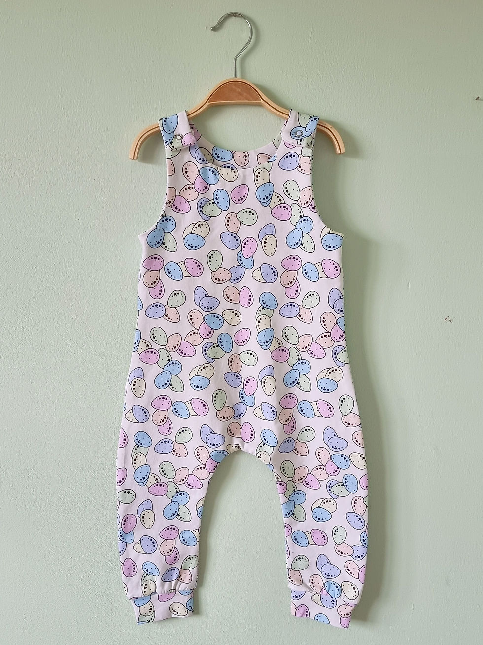 Handmade Easter dungarees with a Mini Egg inspired pattern - Simpson + C handmade children's clothing