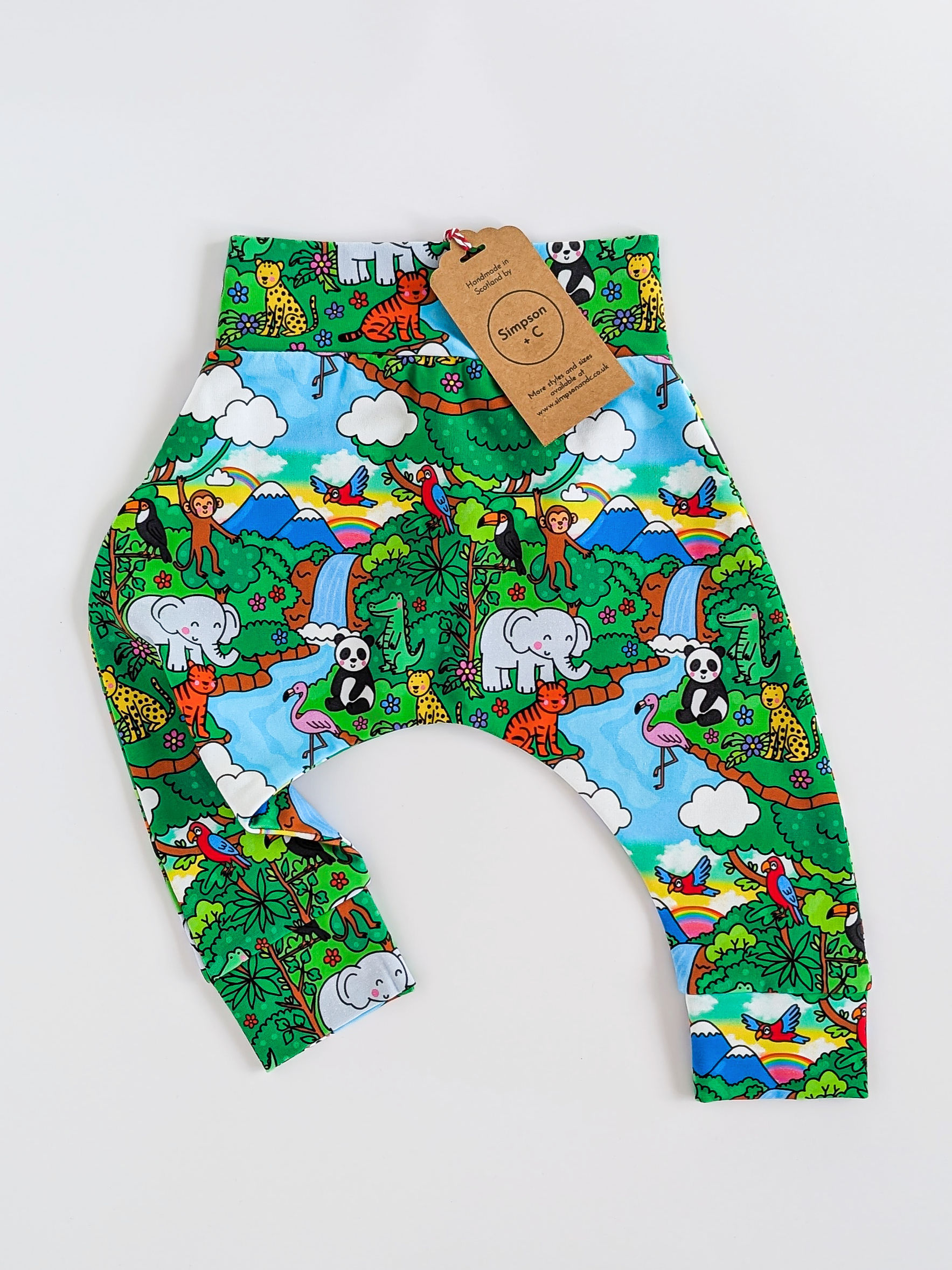 Baby harem pants with a bright animal print - Simpson + C handmade children's clothing