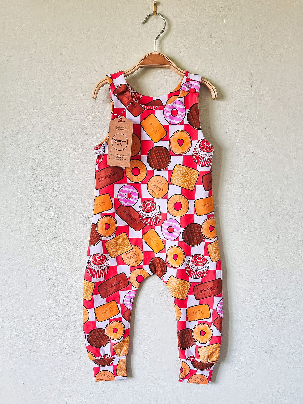 Thumbnail: Handmade biscuit print dungarees featuring Tunnock's, Jammy Dodgers, Party Rings, Bourbons, Custard Creams...