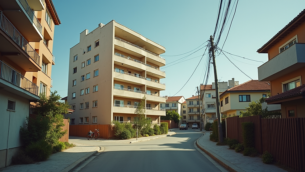 Eye-level view of a residential building in a diverse neighborhood