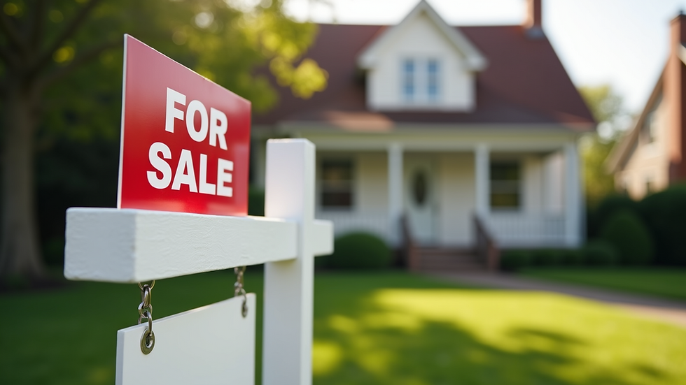 Close-up view of a for-sale real estate sign in front of a charming house