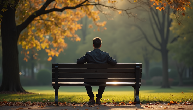 Eye-level view of a person sitting alone on a park bench, reflecting on relationships
