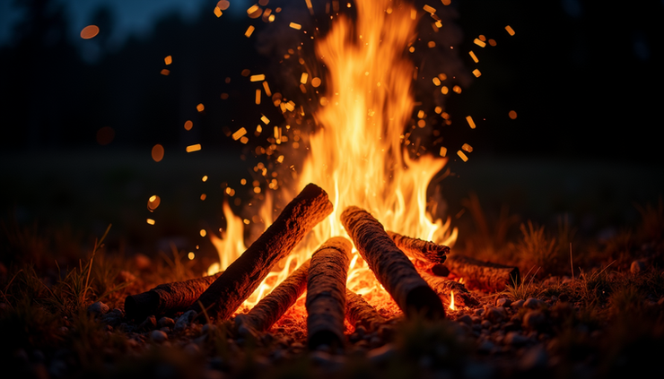 Eye-level view of a blazing campfire under a starry night sky