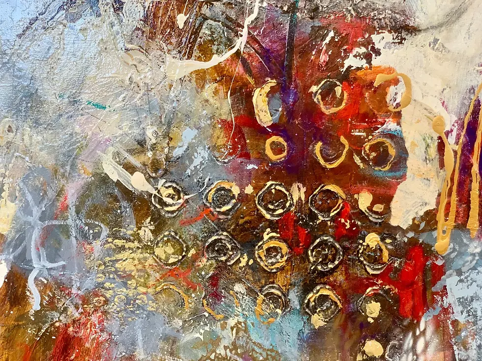 Thumbnail: Se démarquer 36 x 40 po détails textures et dorure grand tableau abstrait de l'artiste peintre Mariclair Plante